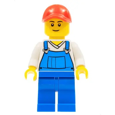 Overalls Blue over V-Neck Shirt, Blue Legs, Red Cap with Hole