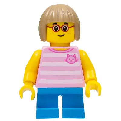Child - Girl, Bright Pink Striped Shirt with Cat Head, Dark Azure Short Legs, Dark Tan Bob Cut Hair, Glasses, Freckles