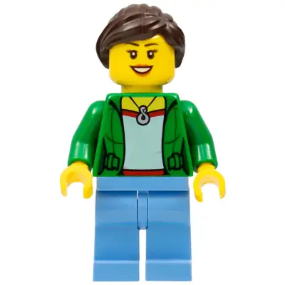 Customer - Green Female Jacket Open with Necklace, Medium Blue Legs, Dark Brown Ponytail and Swept Sideways Fringe