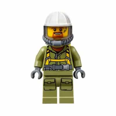 Volcano Explorer - Male Worker, Suit with Harness, Construction Helmet, Breathing Neck Gear with Yellow Air Tanks, Trans-Brown Visor, Goatee