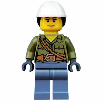 Volcano Explorer - Female, Shirt with Belt and Shoulder Ropes, White Construction Helmet with Dark Brown Ponytail Hair