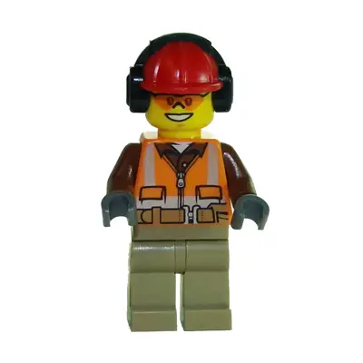 Construction Worker - Male, Orange Safety Vest, Reflective Stripes, Reddish Brown Shirt, Dark Tan Legs, Red Construction Helmet with Black Ear Protectors / Headphones, Safety Glasses