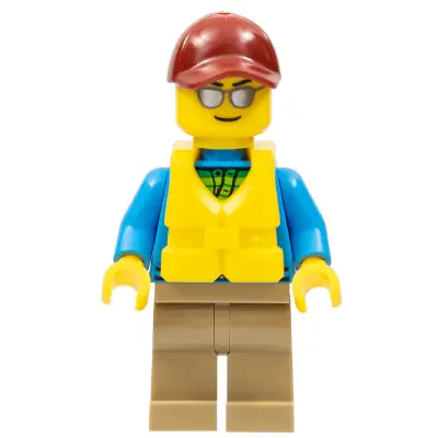 Angler Male, Dark Tan Legs, Dark Red Cap, Silver Sunglasses, Life Jacket Center Buckle