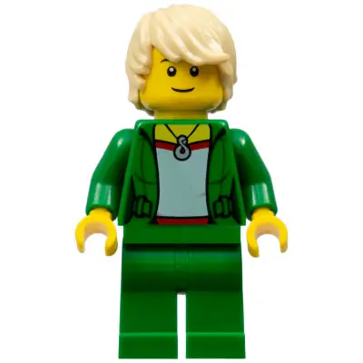 Saxophone Player - Female, Green Jacket with Necklace, Green Legs, Tan Hair Tousled with Side Part, Black Eyebrows