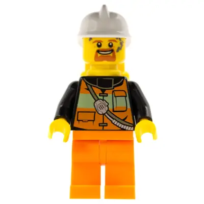 Fire - Reflective Stripe Vest with Pockets and Shoulder Strap, Orange Legs, White Fire Helmet, Yellow Air Tanks, Dark Orange Goatee