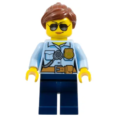 Police - City Officer Female, Bright Light Blue Shirt with Badge and Radio, Dark Blue Legs, Reddish Brown Ponytail and Swept Sideways Fringe