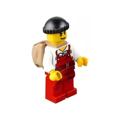 Police - City Bandit Male with Red Overalls, Black Knit Cap, Backpack, Lopsided Open Mouth Smile