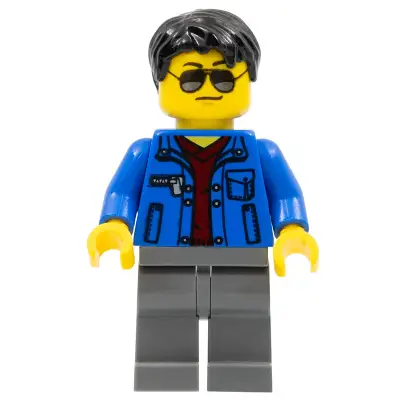Blue Jacket over Dark Red V-Neck Sweater, Dark Bluish Gray Legs, Black Short Tousled Hair, Silver Sunglasses