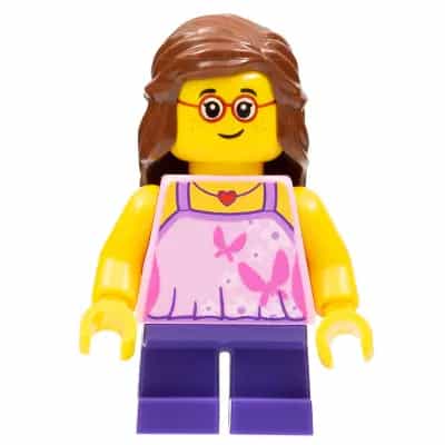 Child - Girl, Bright Pink Top, Dark Purple Legs, Reddish Brown Hair, Glasses, Freckles