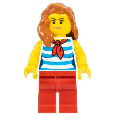 Beachgoer - Female, Dark Azure and White Striped Shirt with Red Scarf, Red Legs, Dark Orange Hair