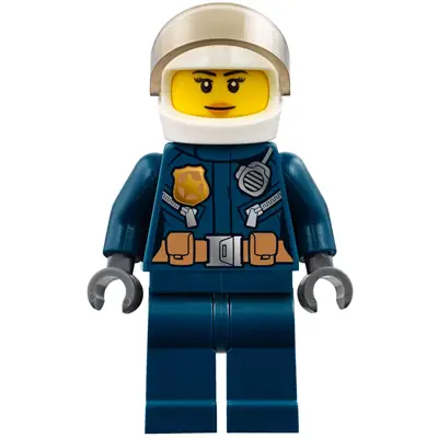Police - City Helicopter Pilot Female, Leather Jacket with Gold Badge and Utility Belt, Dark Blue Legs, White Helmet, Nougat Lips Slight Smile