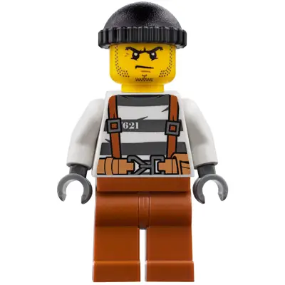 Police - City Bandit Crook Overalls 621 Prison Stripes, Dark Orange Legs, Black Knit Cap, Beard Stubble and Scowl