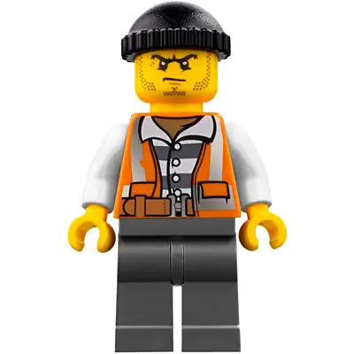 Police - City Bandit Crook Orange Vest, Dark Bluish Gray Legs, Black Knit Cap, Beard Stubble and Scowl
