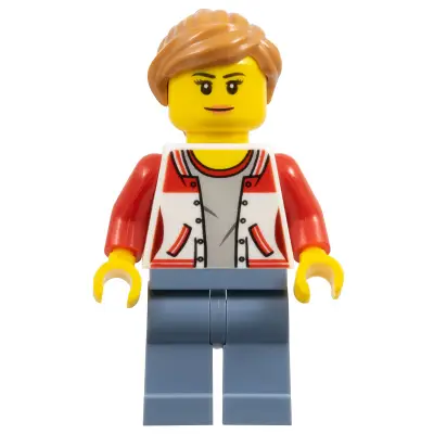 City Bus Passenger - Female Jacket Open with Number '8' on Back, Sand Blue Legs, Medium Nougat Hair Ponytail, Nougat Lips