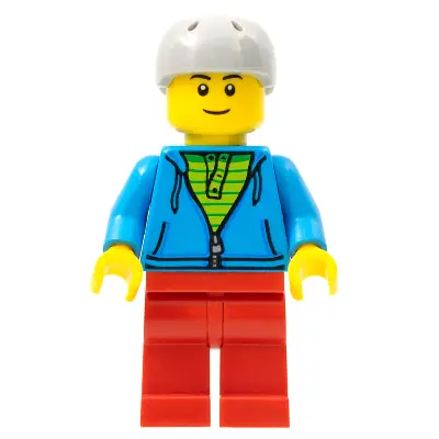City Bus Passenger - Dark Azure Hoodie with Green Striped Shirt, Red Legs, Light Bluish Gray Sports Helmet