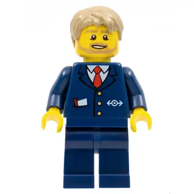 City Bus Driver - Dark Blue Suit with Train Logo, Dark Tan Short Tousled Hair, Beard