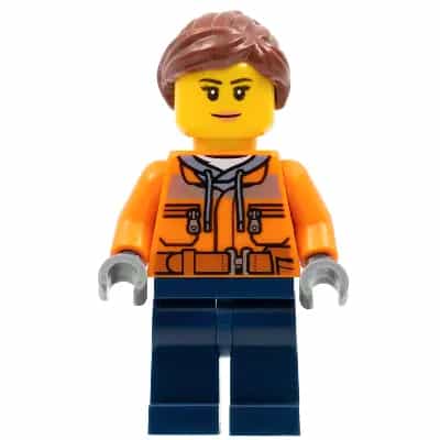 Cargo Center Worker - Female, Orange Safety Jacket, Reflective Stripe, Sand Blue Hoodie, Dark Blue Legs, Reddish Brown Hair, Nougat Lips