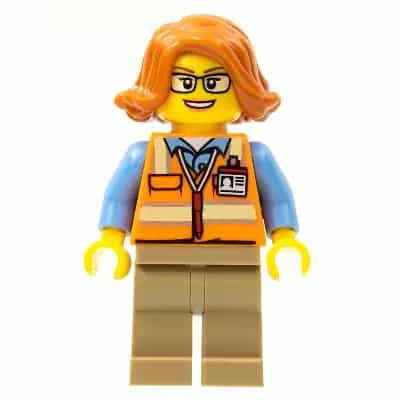 Cargo Office Worker - Orange Safety Vest with Reflective Stripes, Dark Tan Legs, Dark Orange Female Hair Short Swept Sideways, Glasses