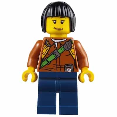 City Jungle Explorer Female - Dark Orange Shirt with Green Strap, Dark Blue Legs, Black Bob Cut Hair, Medium Nougat Lips Lopsided Smile