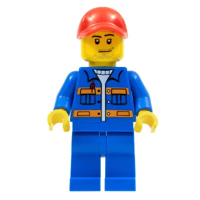 Blue Jacket with Pockets and Orange Stripes, Blue Legs, Red Cap with Hole
