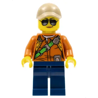 City Jungle Explorer Female - Dark Orange Shirt with Green Strap, Dark Blue Legs, Dark Tan Cap with Hole, Sunglasses