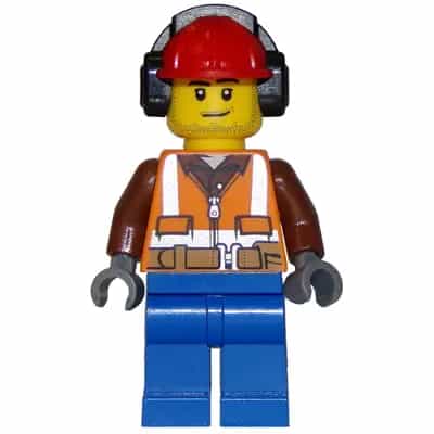 Forester - Male, Orange Safety Vest, Reflective Stripes, Reddish Brown Shirt, Blue Legs, Red Construction Helmet with Black Ear Protectors / Headphones, Stubble