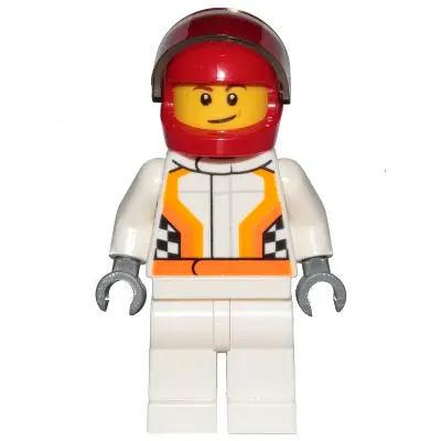 Race Car Driver, White Racing Suit with Orange Stripes and Checkered Pattern, Red Helmet, Crooked Smile with Brown Dimple