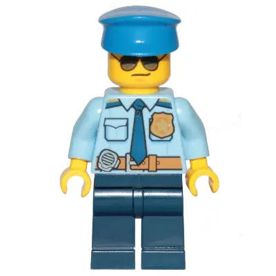 Police - City Officer Shirt with Dark Blue Tie and Gold Badge, Dark Tan Belt with Radio, Dark Blue Legs, Police Hat, Sunglasses