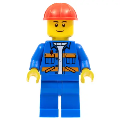 Blue Jacket with Diagonal Lower Pockets and Orange Stripes, Blue Legs, Red Construction Helmet
