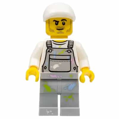 Painter - Male, Light Bluish Gray Overalls with Paint Splotches, White Cap, Stubble