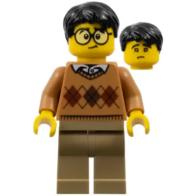 Medium Nougat Argyle Sweater, Dark Tan Legs, Black Hair, Large Round Glasses