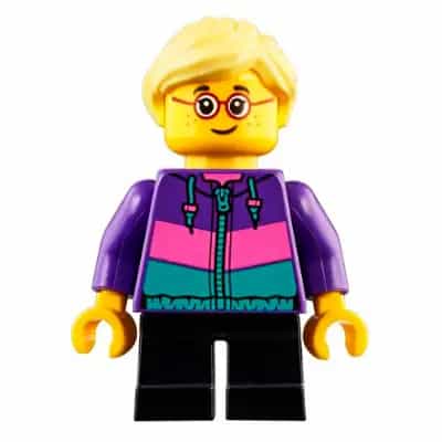 Child - Girl, Dark Purple Jacket, Black Short Legs, Bright Light Yellow Ponytail, Glasses, Freckles