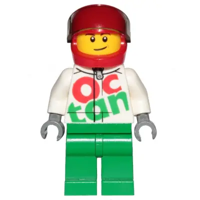 Race Car Driver, White Octan Racing Suit with Silver Zipper, Red Helmet with Trans-Brown Visor, Lopsided Smile