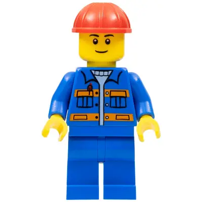 Blue Jacket with Pockets and Orange Stripes, Blue Legs, Red Construction Helmet, Thin Grin