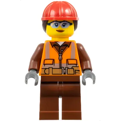 Construction Worker - Female, Orange Safety Vest, Reflective Stripes, Reddish Brown Shirt and Legs, Red Construction Helmet with Dark Brown Ponytail Hair, Safety Glasses