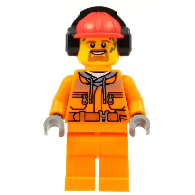 Construction Worker - Male, Orange Safety Jacket, Reflective Stripe, Sand Blue Hoodie, Orange Legs, Red Construction Helmet with Black Ear Protectors / Headphones, Goatee
