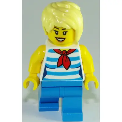 Ice Cream Vendor - Female, Dark Azure and White Striped Shirt with Red Scarf, Dark Azure Legs, Bright Light Yellow Short Tousled Hair with Side Part