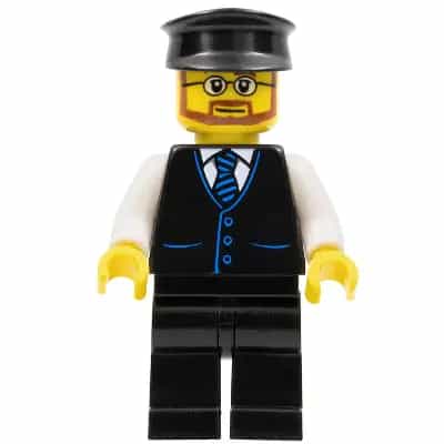 Bus Driver - Male, Black Vest with Blue Striped Tie, Black Legs, Black Hat, Glasses and Beard