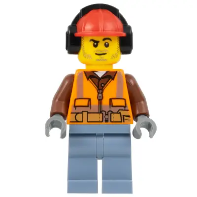 Construction Worker - Male, Orange Safety Vest, Reflective Stripes, Reddish Brown Shirt, Sand Blue Legs, Red Construction Helmet with Black Ear Protectors / Headphones, Stubble