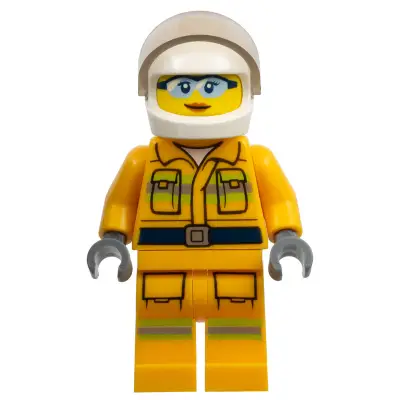 Fire - Reflective Stripes, Bright Light Orange Suit, White Helmet, Safety Glasses, Dark Orange Lips Closed Mouth Smile