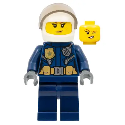 Police - City Helicopter Pilot Female, Gold Badge and Utility Belt, Dark Blue Legs, White Helmet, Nougat Lips Crooked Smile with Freckles
