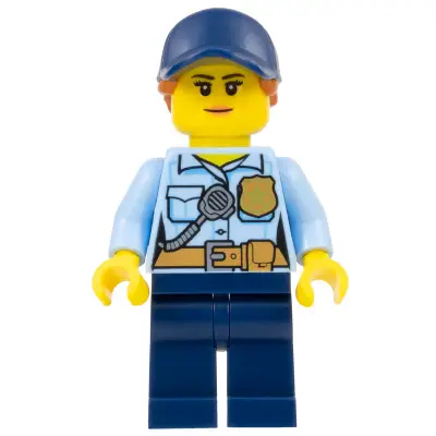 Police - City Officer Female, Bright Light Blue Shirt with Badge and Radio, Dark Blue Legs, Dark Blue Cap with Dark Orange Ponytail