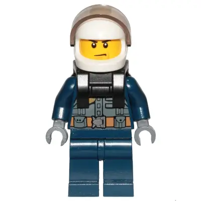 Police - City Pilot, Jacket with Dark Bluish Gray Vest, Dark Blue Legs, White Helmet, Scowl with Neck Bracket (for Jet Pack)
