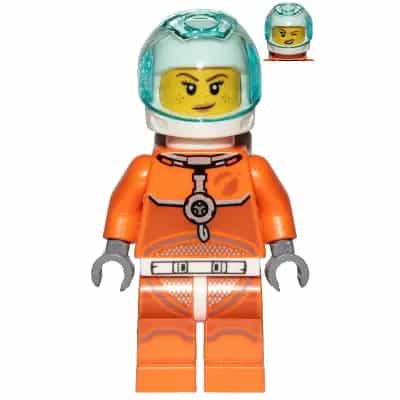 Astronaut - Female, Orange Spacesuit with Dark Bluish Gray Lines, Trans-Light Blue Visor, Freckles with Smirk and Winking