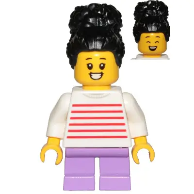 Child - Girl, White Sweater with Red Horizontal Stripes, Medium Lavender Short Legs, Black Coiled Hair with Bun