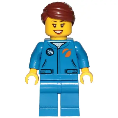 Astronaut - Female, Blue Jumpsuit, Reddish Brown Hair Swept Back Into Bun, Open Mouth Smile