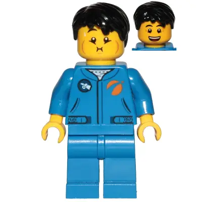Astronaut - Male, Blue Jumpsuit, Black Hair Short Tousled with Side Part, Queasy and Open Mouth Smile