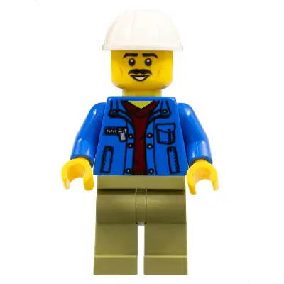 Truck Driver - Blue Jacket over Dark Red V-Neck Sweater, Olive Green Legs, White Construction Helmet