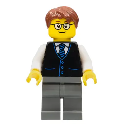 Launch Director - Male, Black Vest with Blue Striped Tie, Dark Bluish Gray Legs, Reddish Brown Short Tousled Hair, Glasses