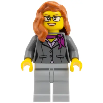 Scientist - Female, Dark Bluish Gray Jacket with Magenta Scarf, Dark Orange Female Hair over Shoulder, Glasses